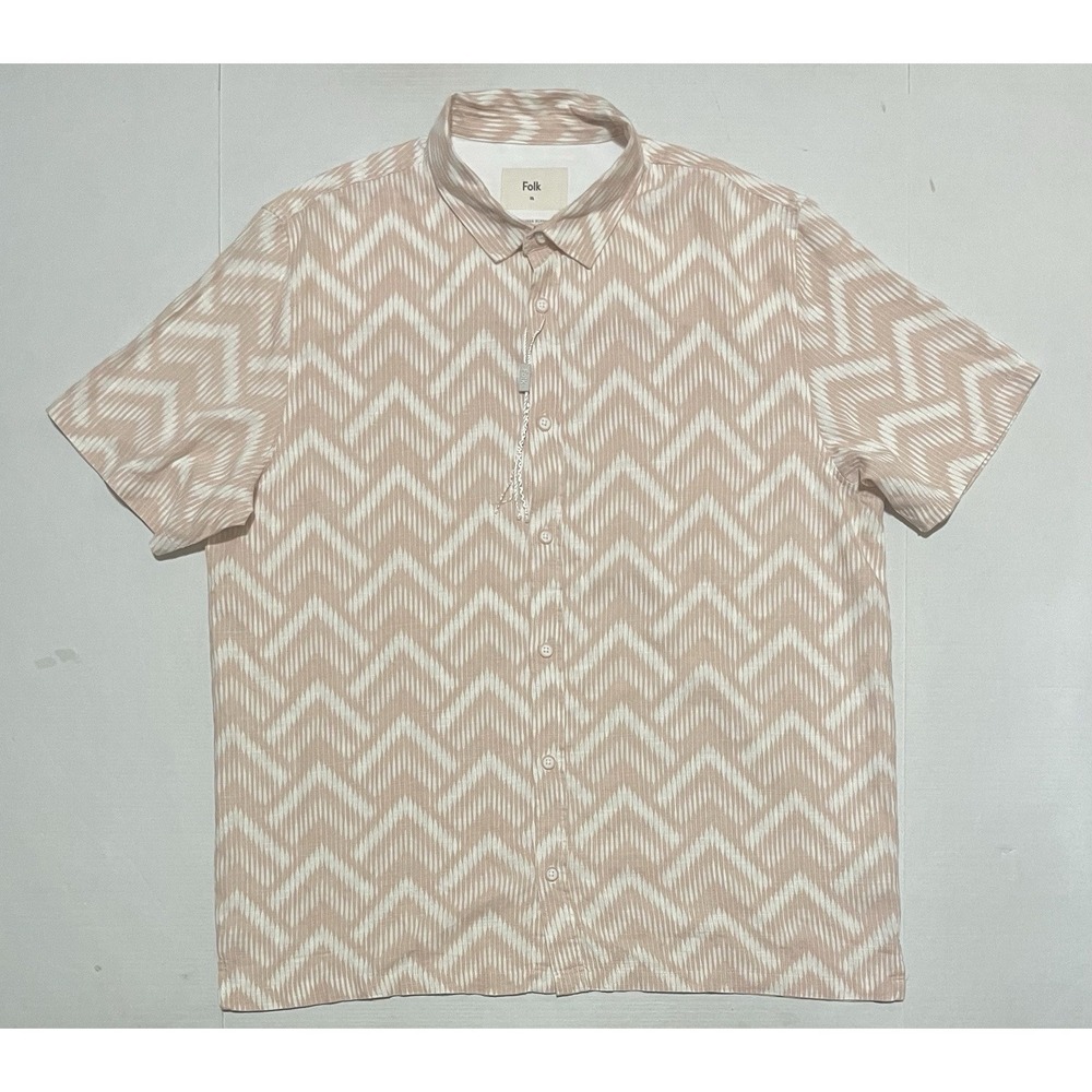 $182 NWT Folk Men's Size XL Short Sleeve Shirt Pink Geometric Zig Zag Arrow